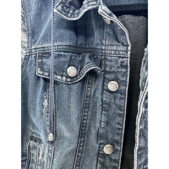 Free People Women's sz M Black Denim and Hooded Sweater Jacket Distressed Cotton - Picture 4 of 10